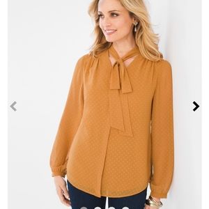 🐦- NWT Chico's sz 1 (size 8) Mustard Polka Dot Bow Blouse